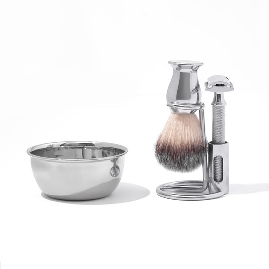 luxury shaving kit with razor, brush and bowl