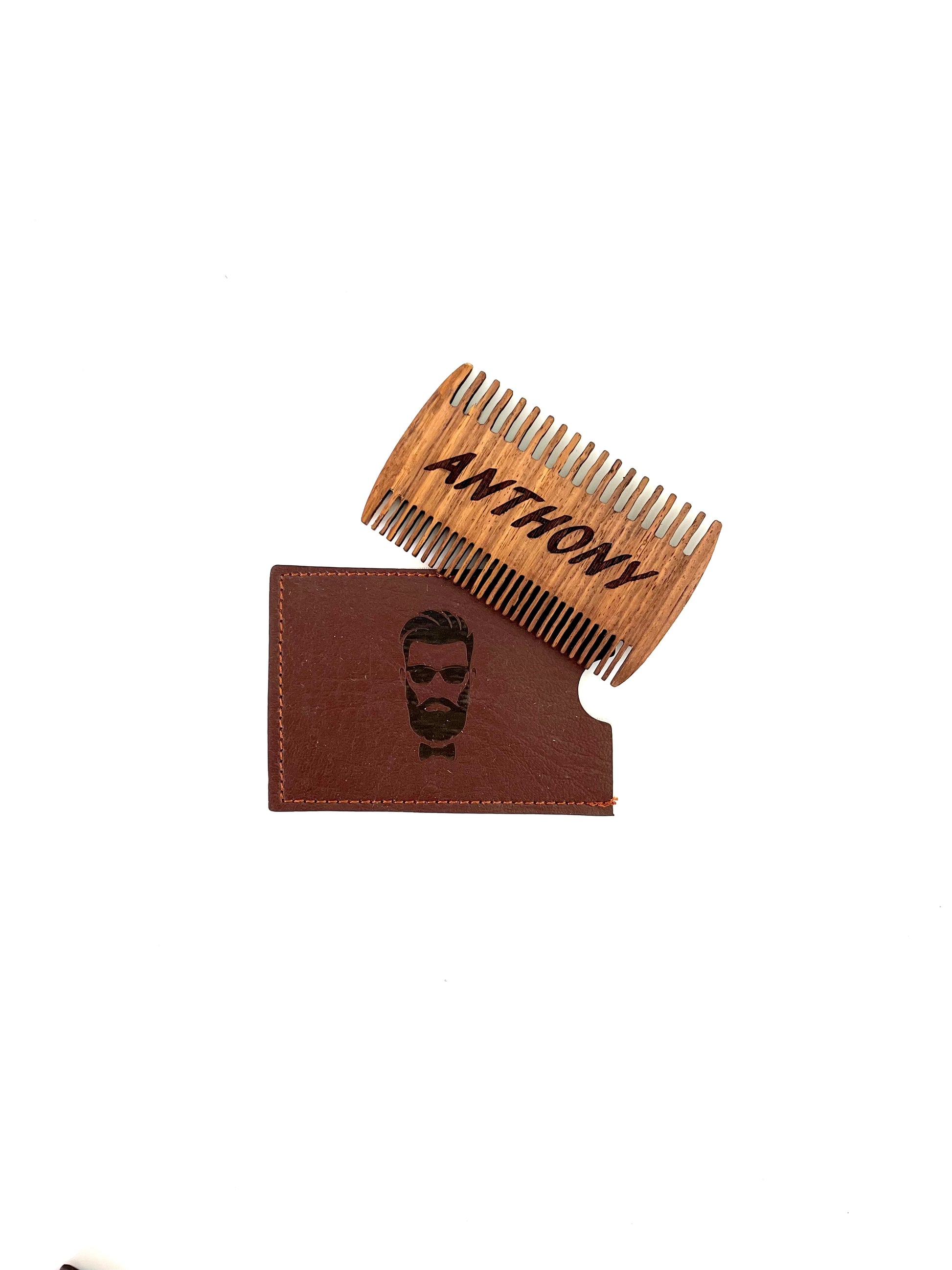 Personalized Wood Beard Comb with Leather Case
