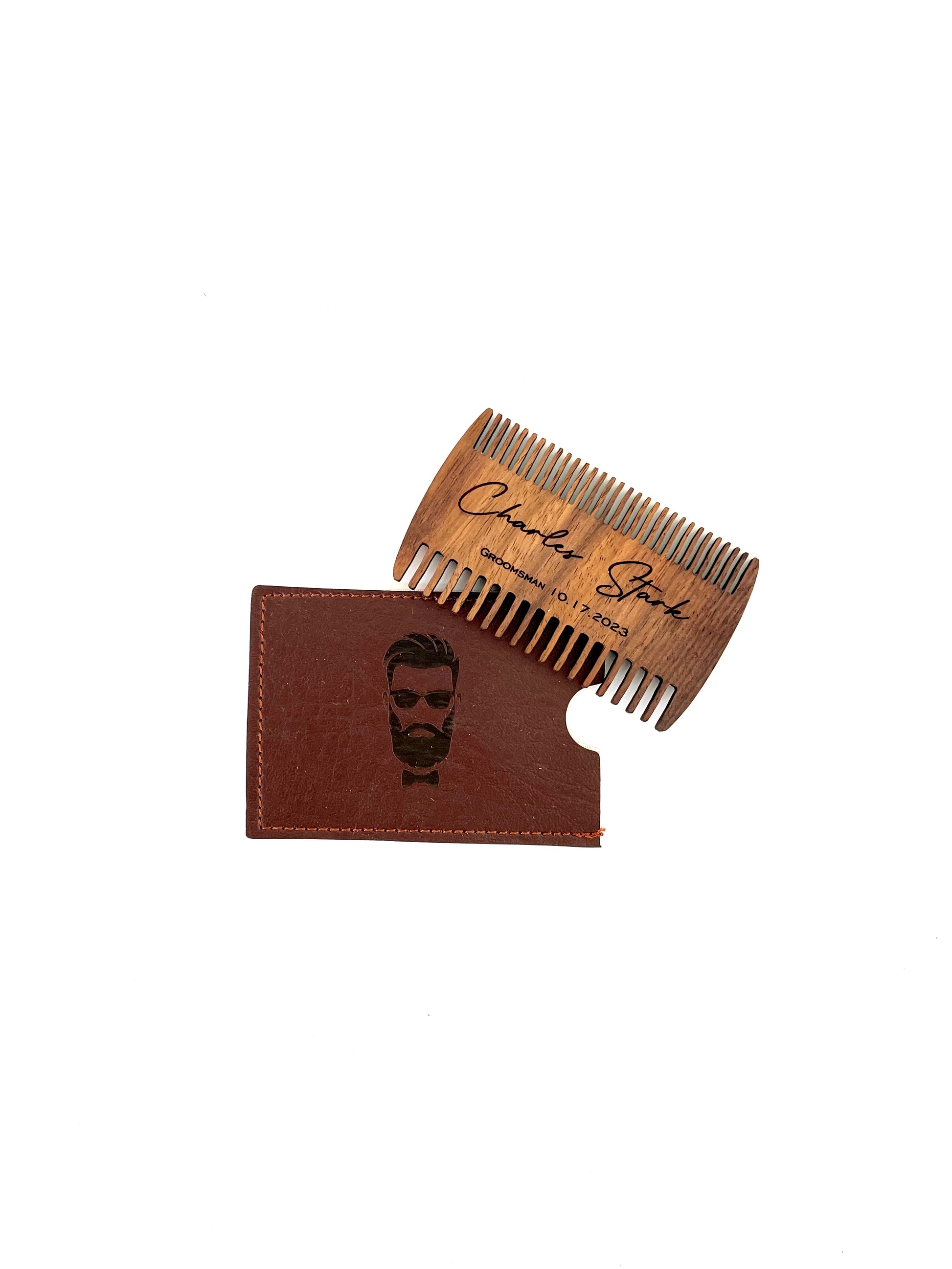 Personalized Wood Beard Comb with Leather Case