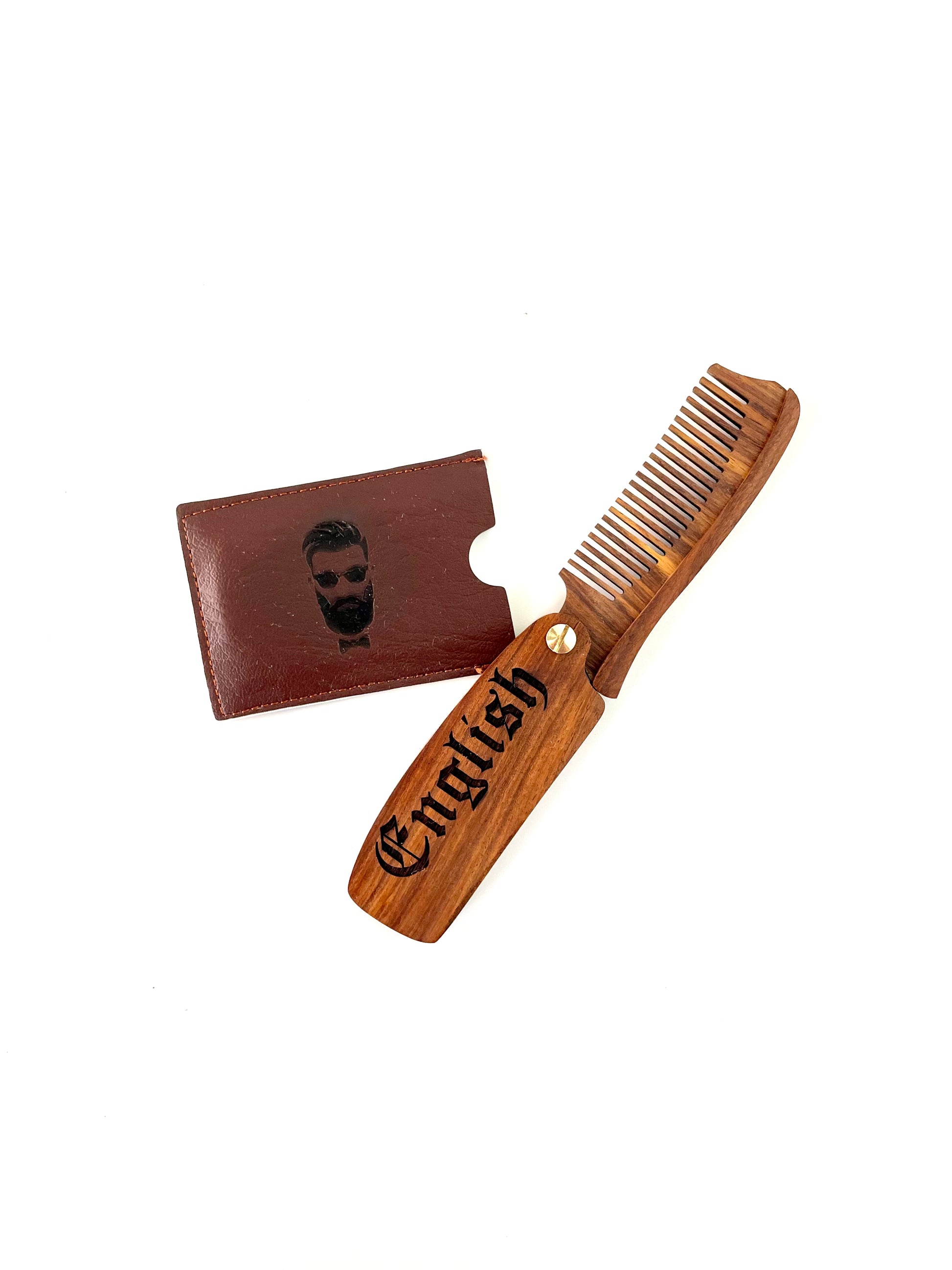 Personalized Wood Beard Comb with Leather Case