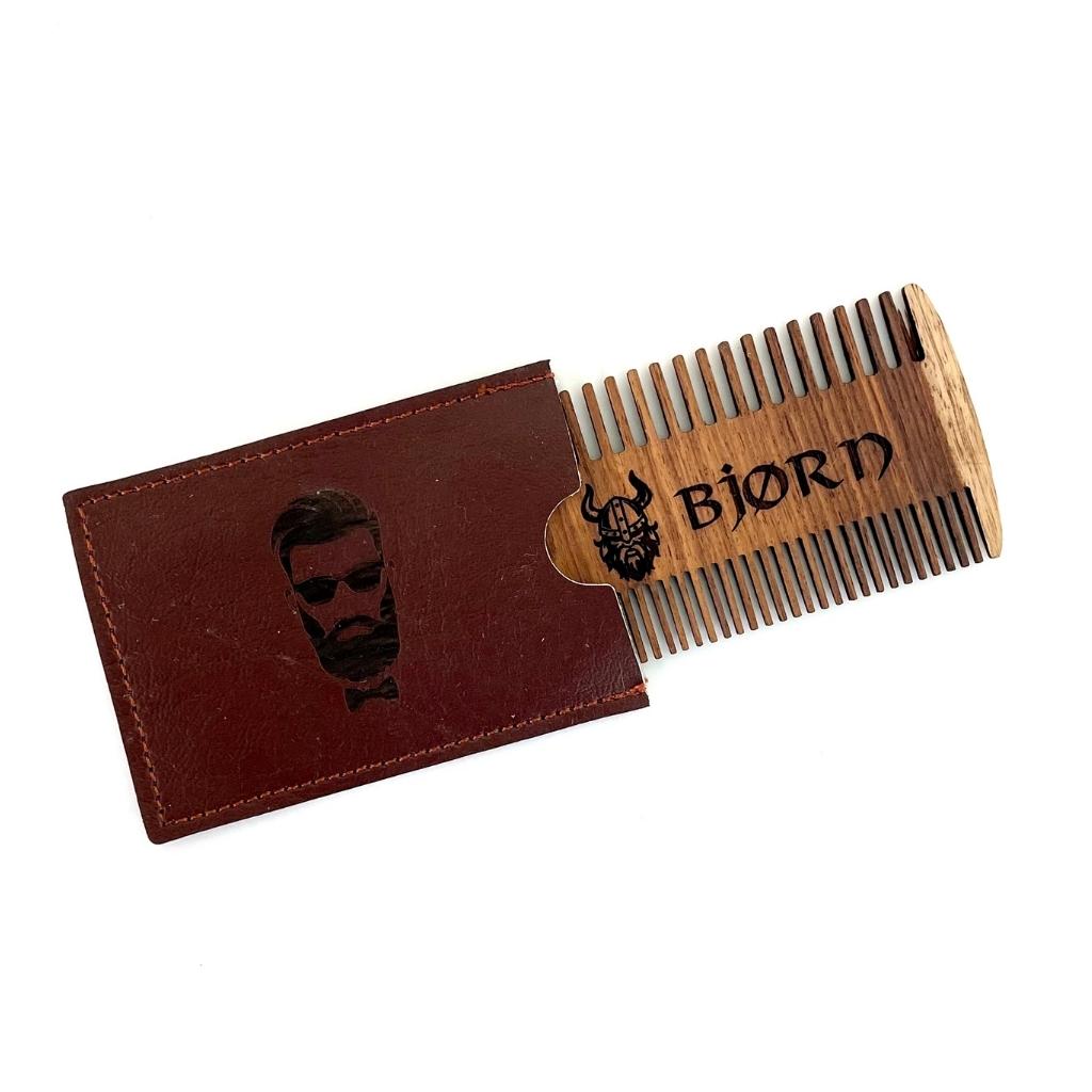 Personalized Wood Beard Comb with Leather Case