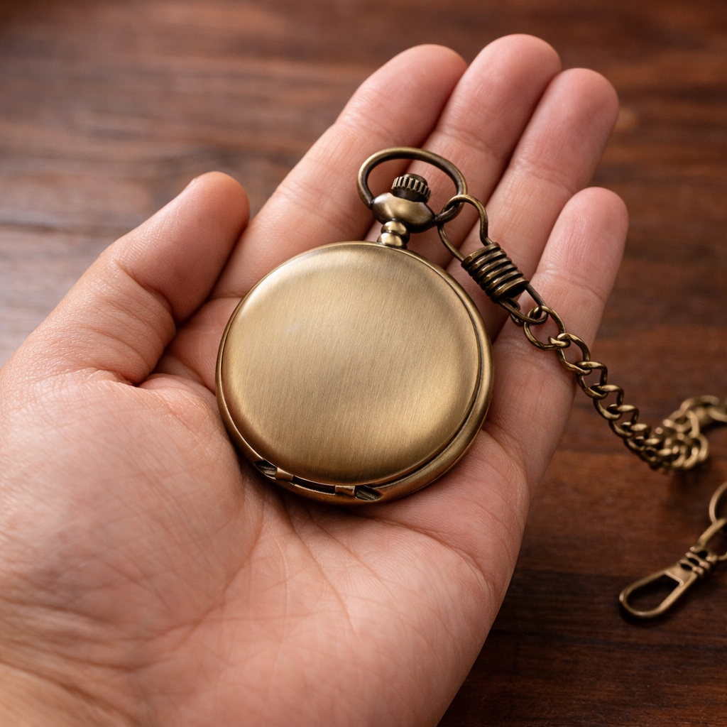 Hand holding a brass pocket watch with chain on a wooden surface