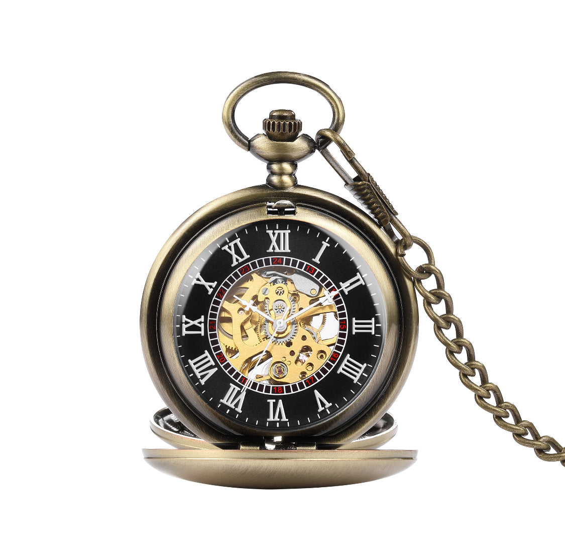 Vintage pocket watch with chain on a white background