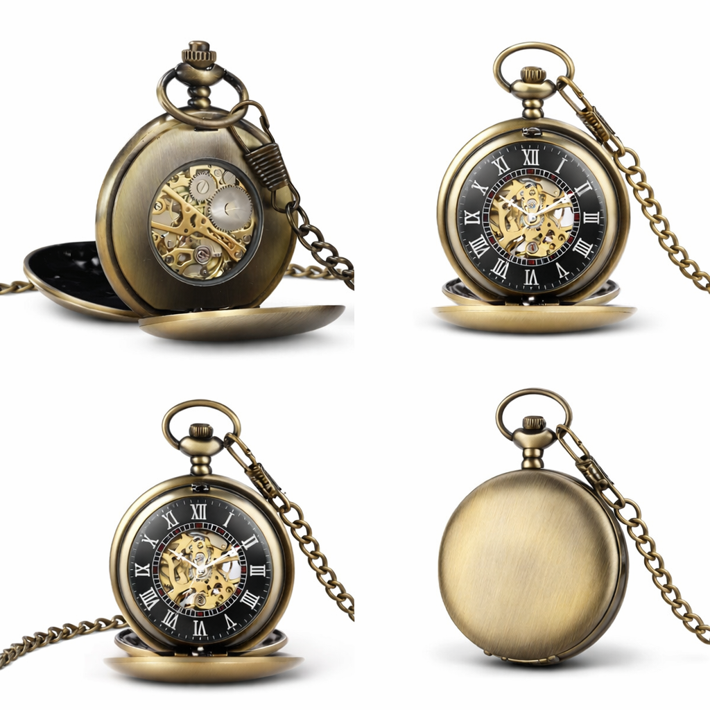 Vintage pocket watch with chain on a white background