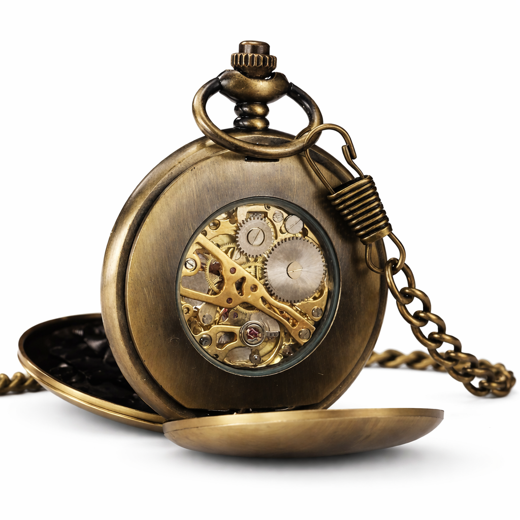 Bronze pocket watch with open face showing mechanical components on a white background