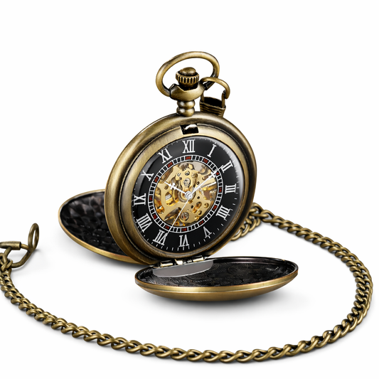 Vintage pocket watch with chain on a white background