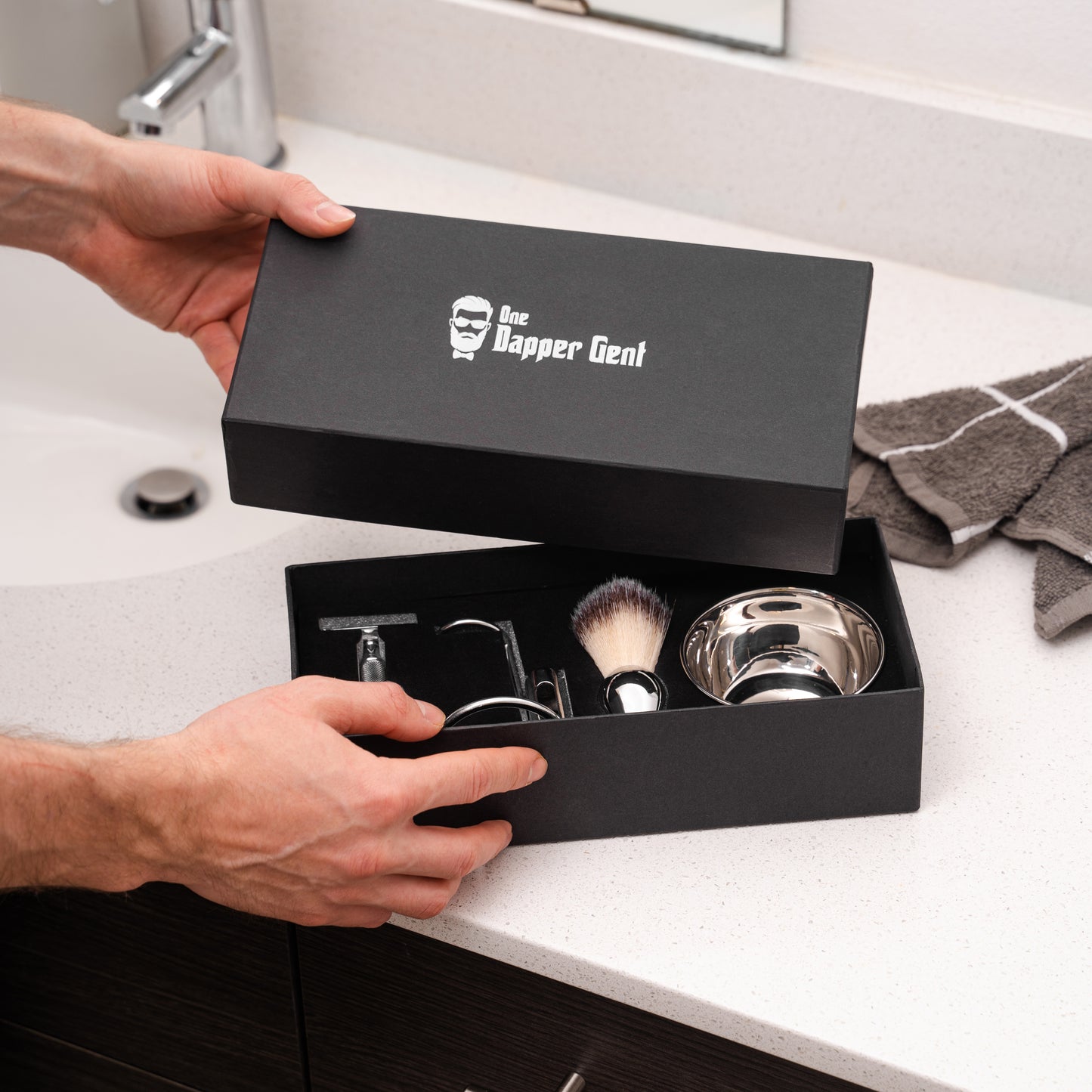 luxury shaving kit with razor, brush and bowl