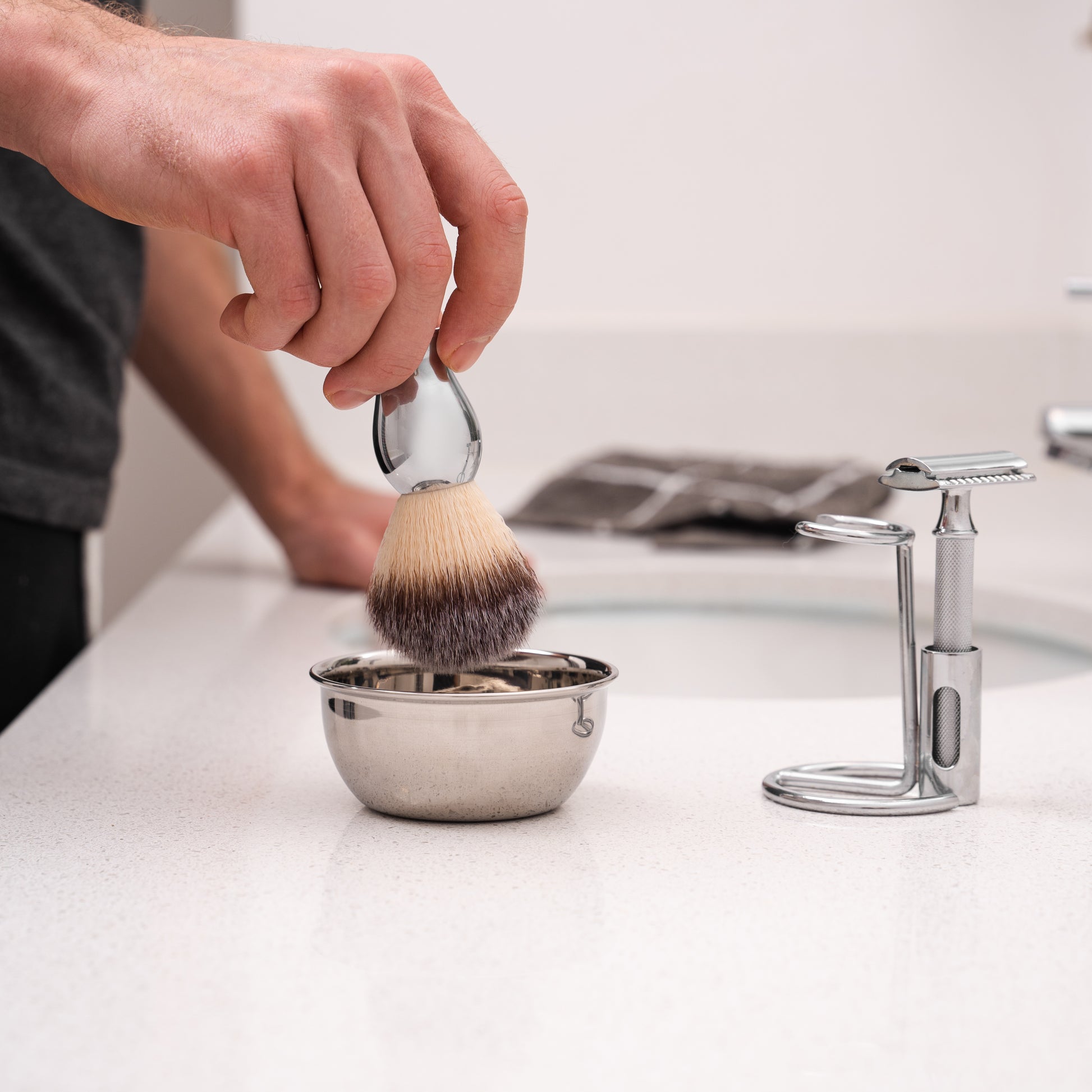 luxury shaving kit with razor, brush and bowl