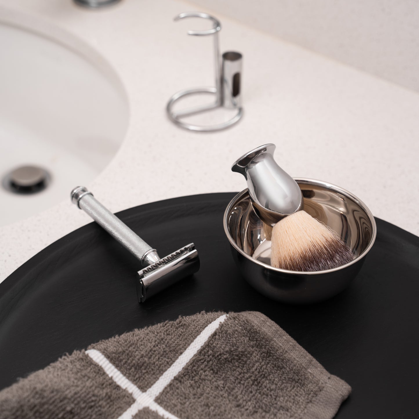 luxury shaving kit with razor, brush and bowl