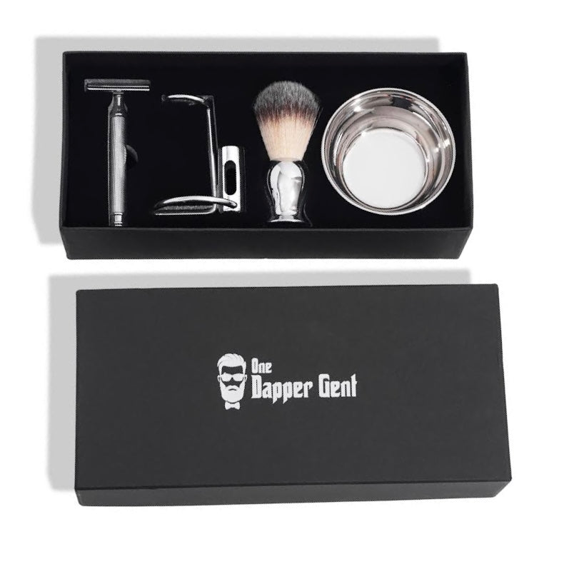 luxury shaving kit with razor, brush and bowl