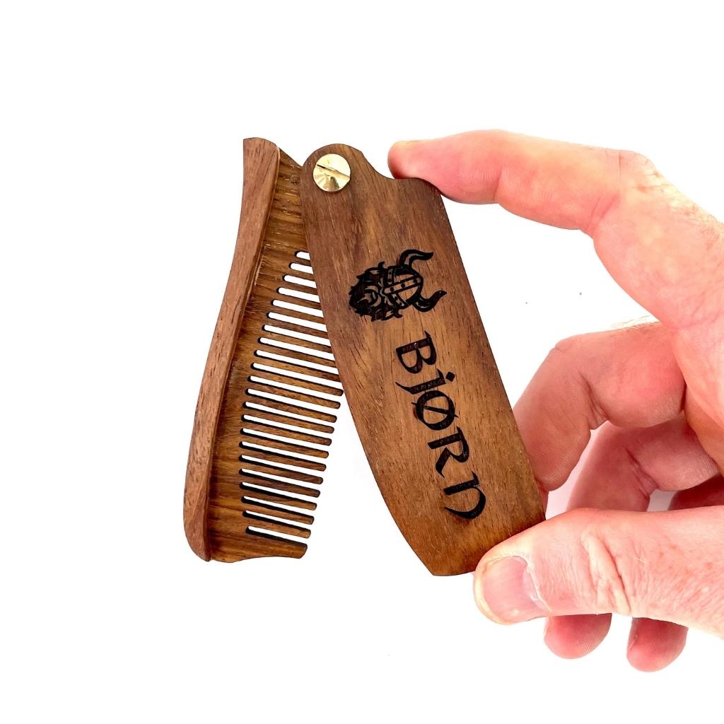personalized custom engraved folding wood beard comb